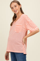 Peach Striped Oversized V-Neck Front Pocket Maternity T-Shirt