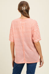 Peach Striped Oversized V-Neck Front Pocket Maternity T-Shirt