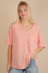 Peach Striped Oversized V-Neck Front Pocket T-Shirt