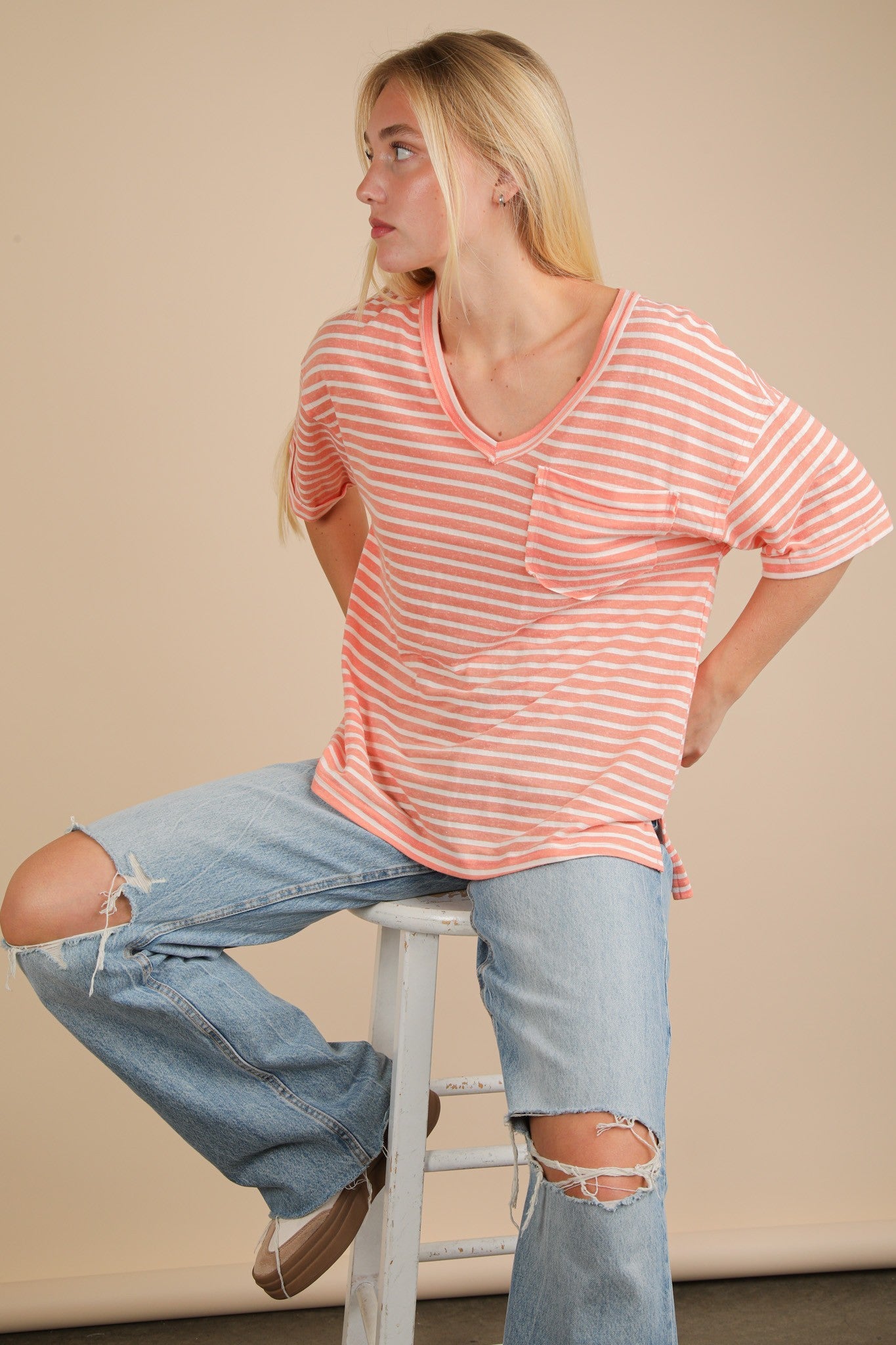 Peach Striped Oversized V-Neck Front Pocket T-Shirt