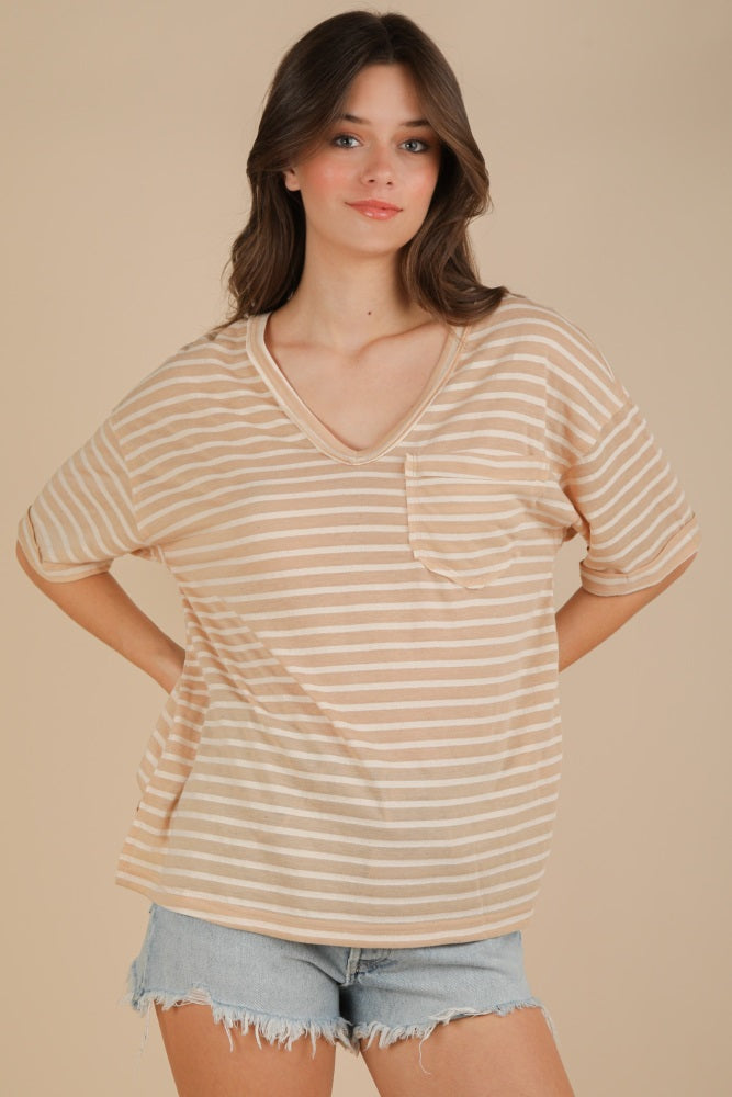 Beige Striped Oversized V-Neck Front Pocket Maternity T-Shirt