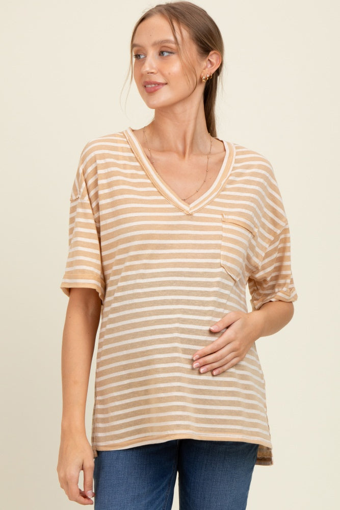 Beige Striped Oversized V-Neck Front Pocket Maternity T-Shirt