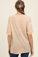 Beige Striped Oversized V-Neck Front Pocket Maternity T-Shirt