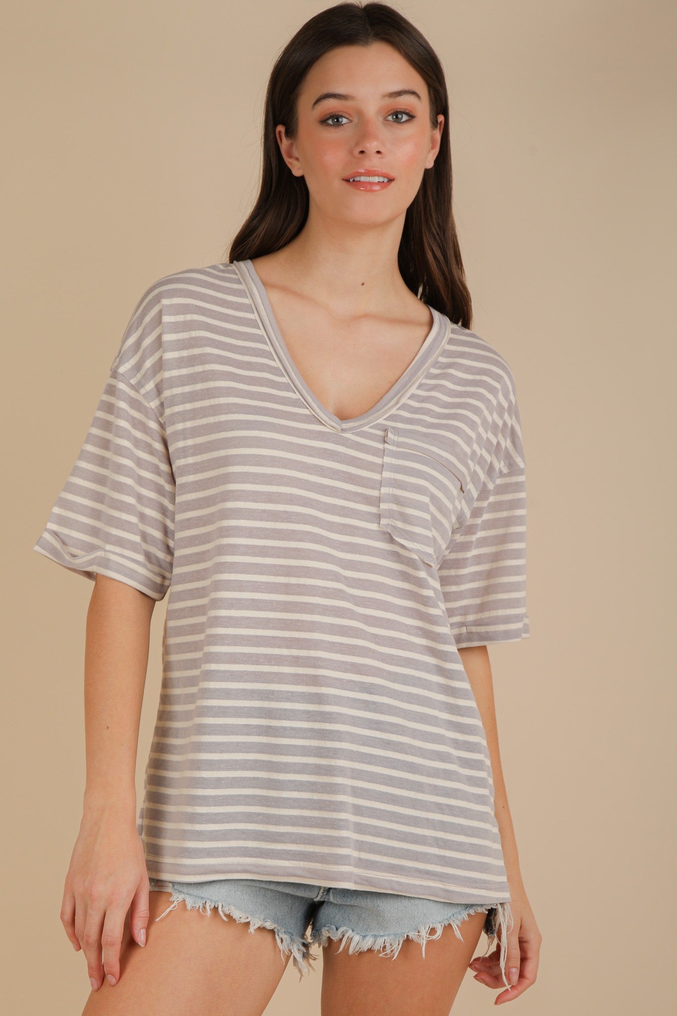 Grey Striped Oversized V-Neck Front Pocket T-Shirt