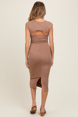 Mocha Ribbed Cap Sleeve Cutout Maternity Midi Dress