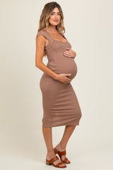 Mocha Ribbed Cap Sleeve Cutout Maternity Midi Dress