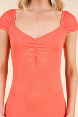 Coral Ribbed Cinched Sleeve Midi Dress