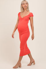 Coral Ribbed Cinched Sleeve Maternity Midi Dress