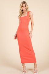 Coral Ribbed Square Neck Sleeveless Maternity Maxi Dress