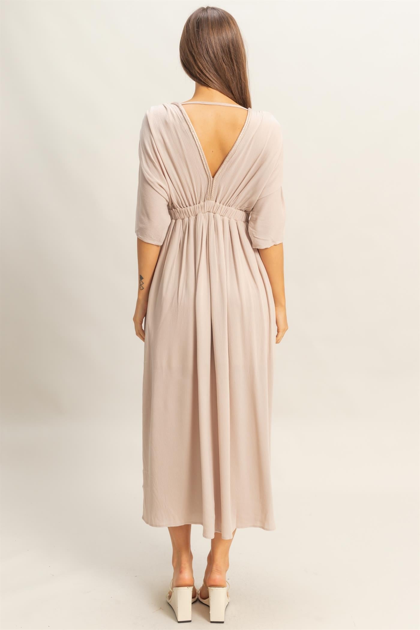 Beige V-Neck Braid Detail Maxi Dress