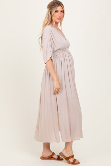 Beige V-Neck Braid Detail Maternity Maxi Dress