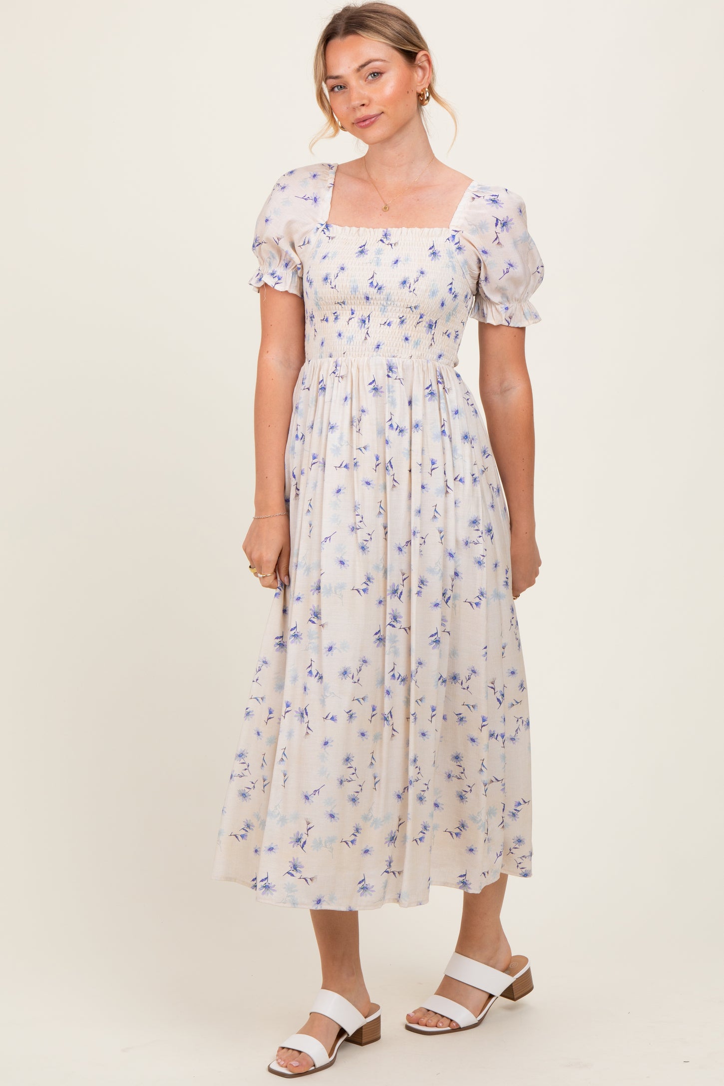 Blue Floral Printed Puff Sleeve Midi Dress
