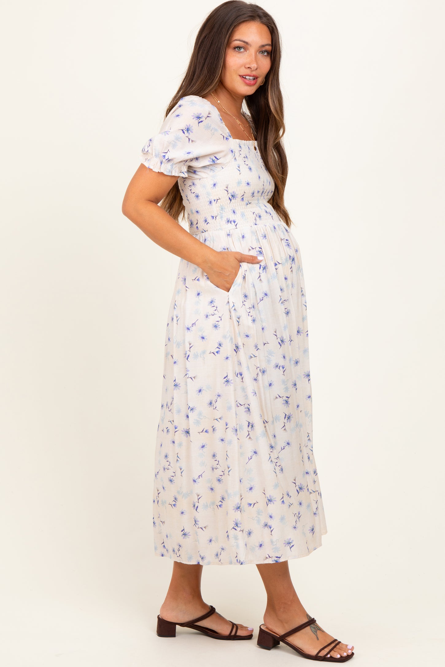 Blue Floral Printed Puff Sleeve Maternity Midi Dress