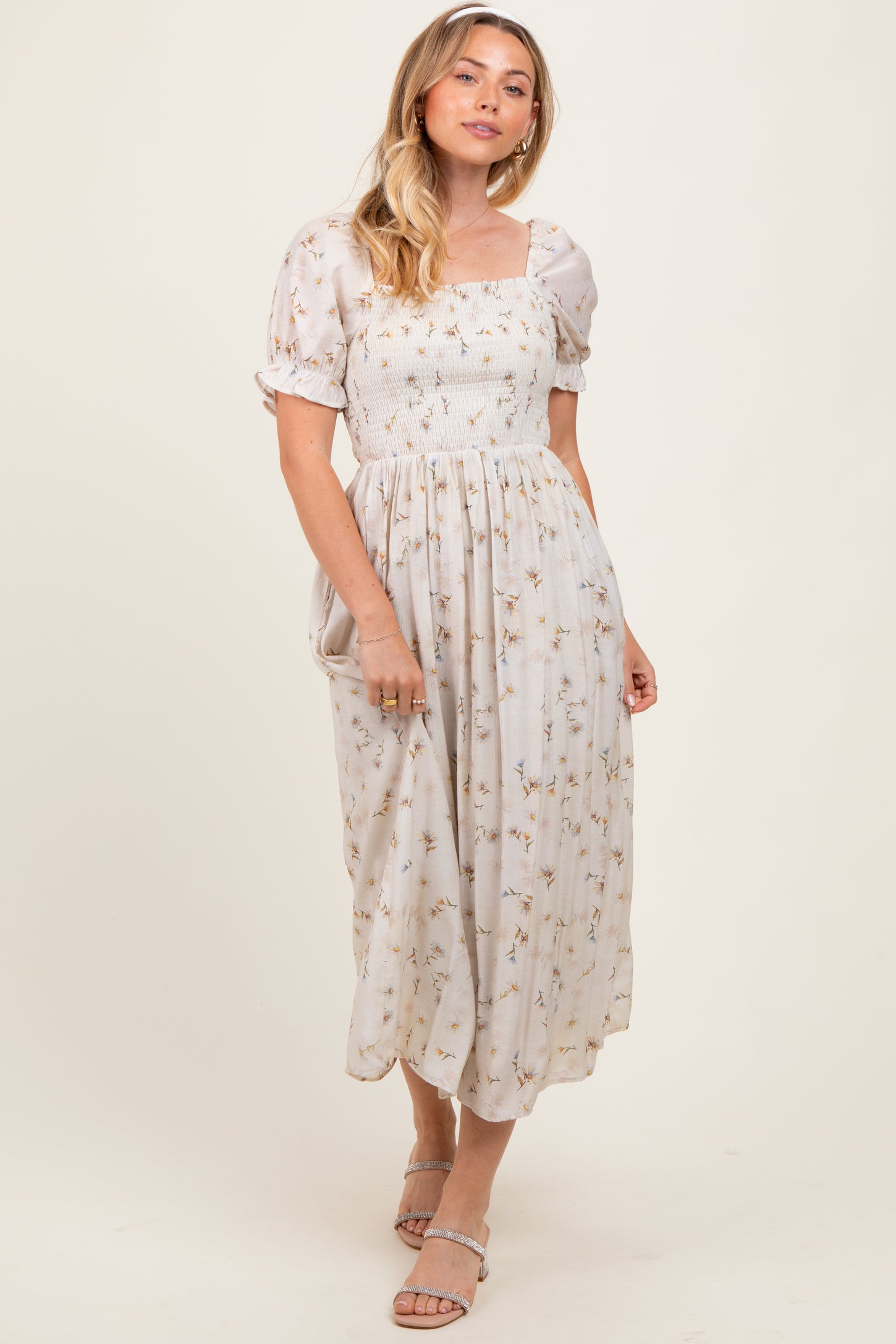 Yellow Floral Printed Puff Sleeve Midi Dress