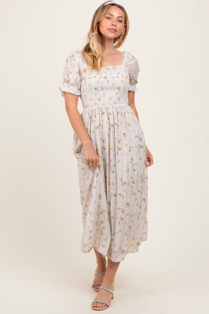 Yellow Floral Printed Puff Sleeve Midi Dress