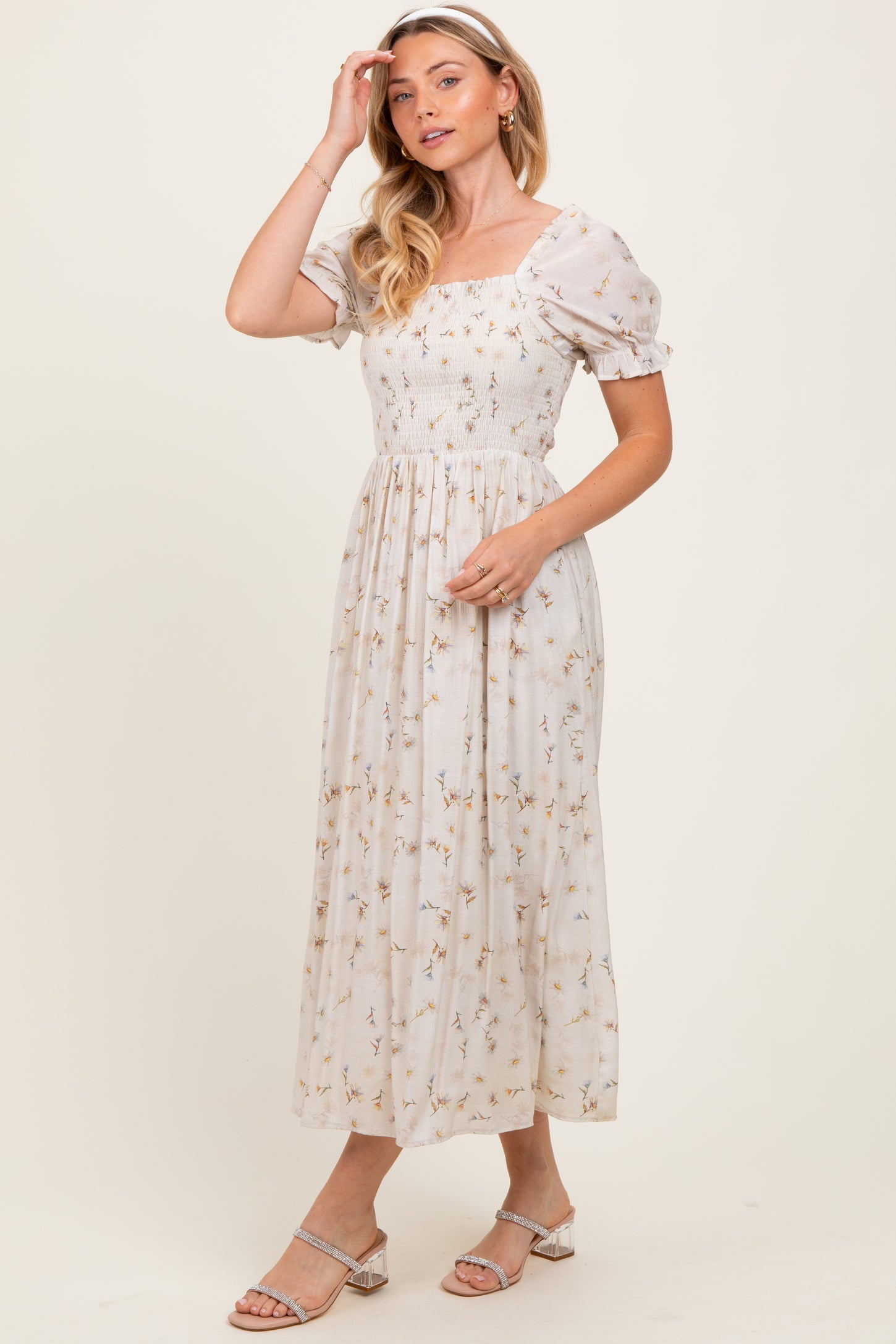 Yellow Floral Printed Puff Sleeve Midi Dress