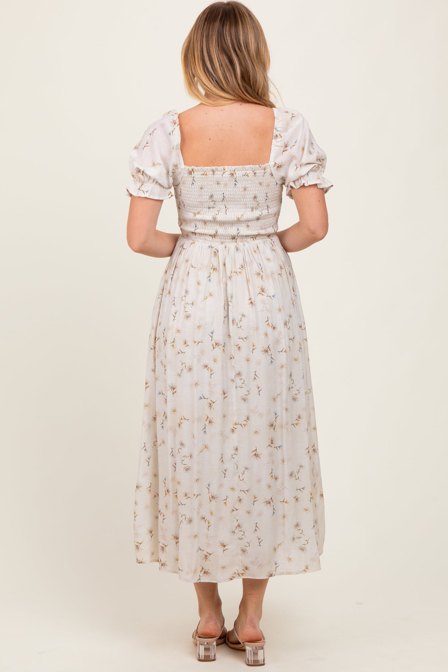 Yellow Floral Printed Puff Sleeve Midi Dress