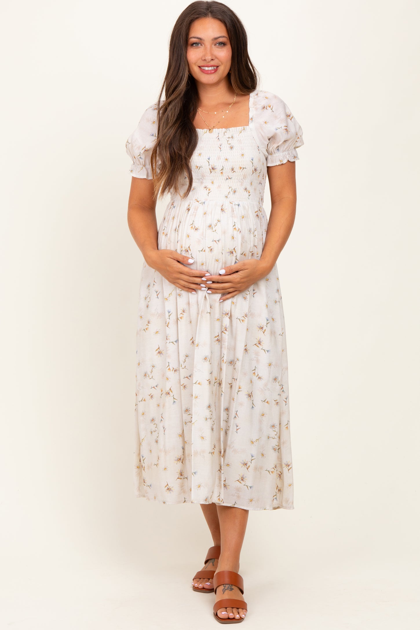 Yellow Floral Printed Puff Sleeve Maternity Midi Dress