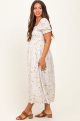 Yellow Floral Printed Puff Sleeve Maternity Midi Dress