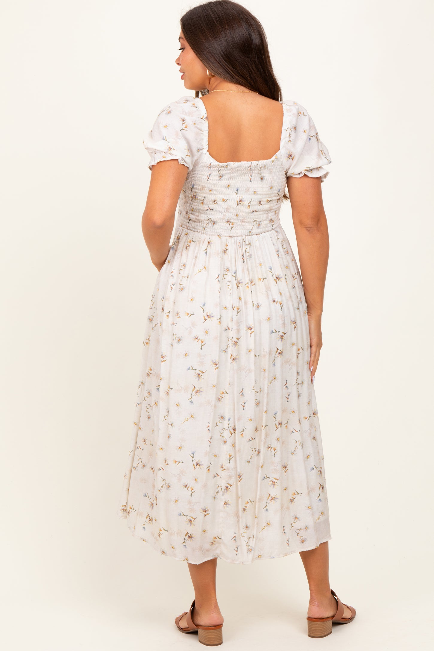 Yellow Floral Printed Puff Sleeve Maternity Midi Dress