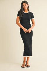 Black/White Short Sleeve Sweater Knit Rib Midi Dress