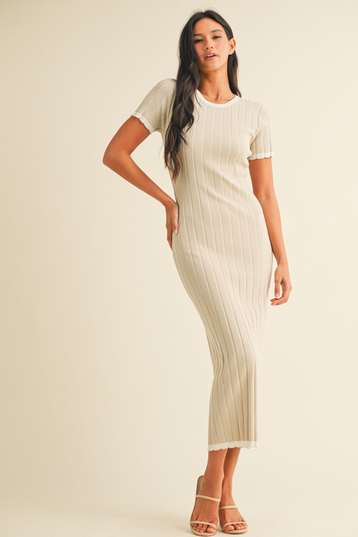 Beige/White Short Sleeve Sweater Knit Rib Maternity Midi Dress
