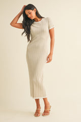Beige/White Short Sleeve Sweater Knit Rib Midi Dress