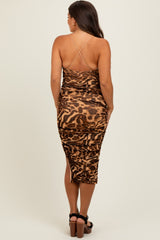 Brown Leopard Criss Cross Back Strap Ruched Maternity Midi Dress