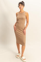 Taupe Ribbed Sleeveless Maternity Midi Dress