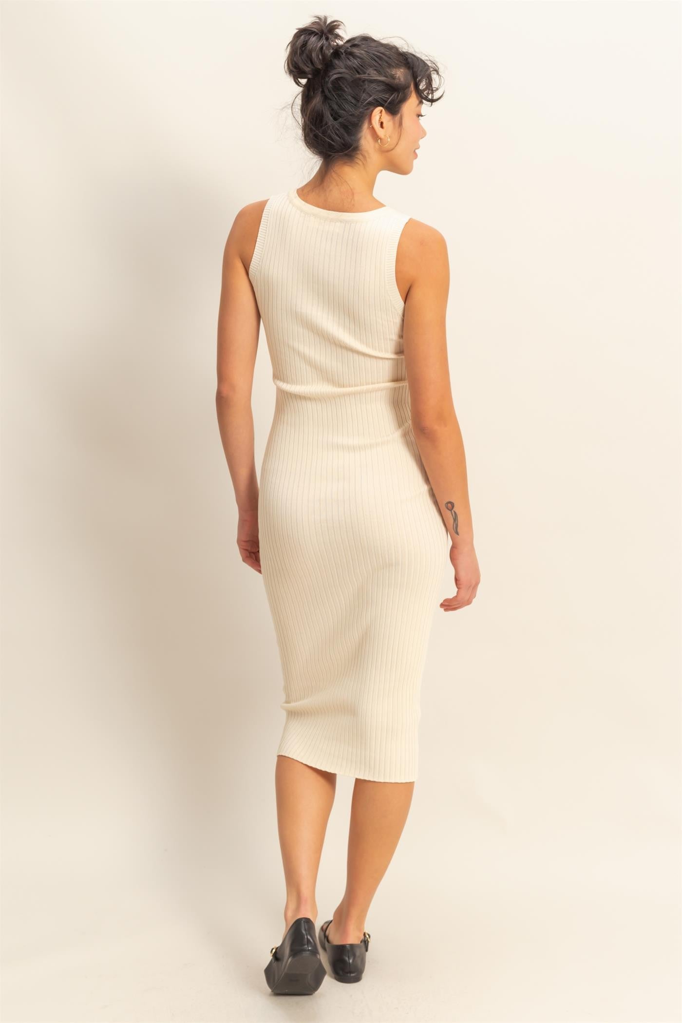 Cream Ribbed Sleeveless Midi Dress