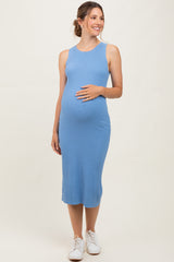 Light Blue Ribbed Sleeveless Maternity Midi Dress