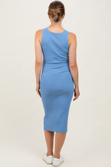 Light Blue Ribbed Sleeveless Maternity Midi Dress