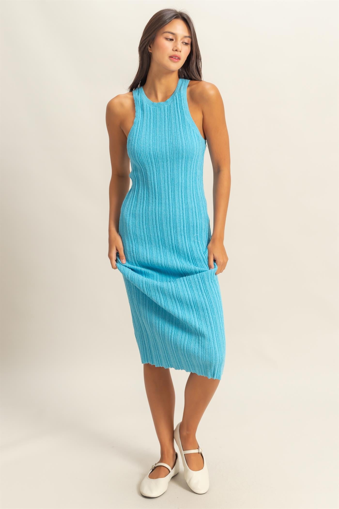 Blue Round Neck Bodycon Ribbed Knit Midi Dress