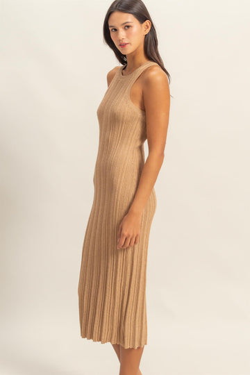 Taupe Round Neck Bodycon Ribbed Knit Midi Dress