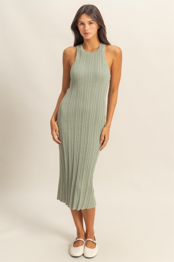 Sage Round Neck Bodycon Ribbed Knit Midi Dress