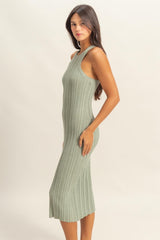 Sage Round Neck Bodycon Ribbed Knit Midi Dress
