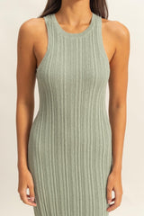 Sage Round Neck Bodycon Ribbed Knit Midi Dress