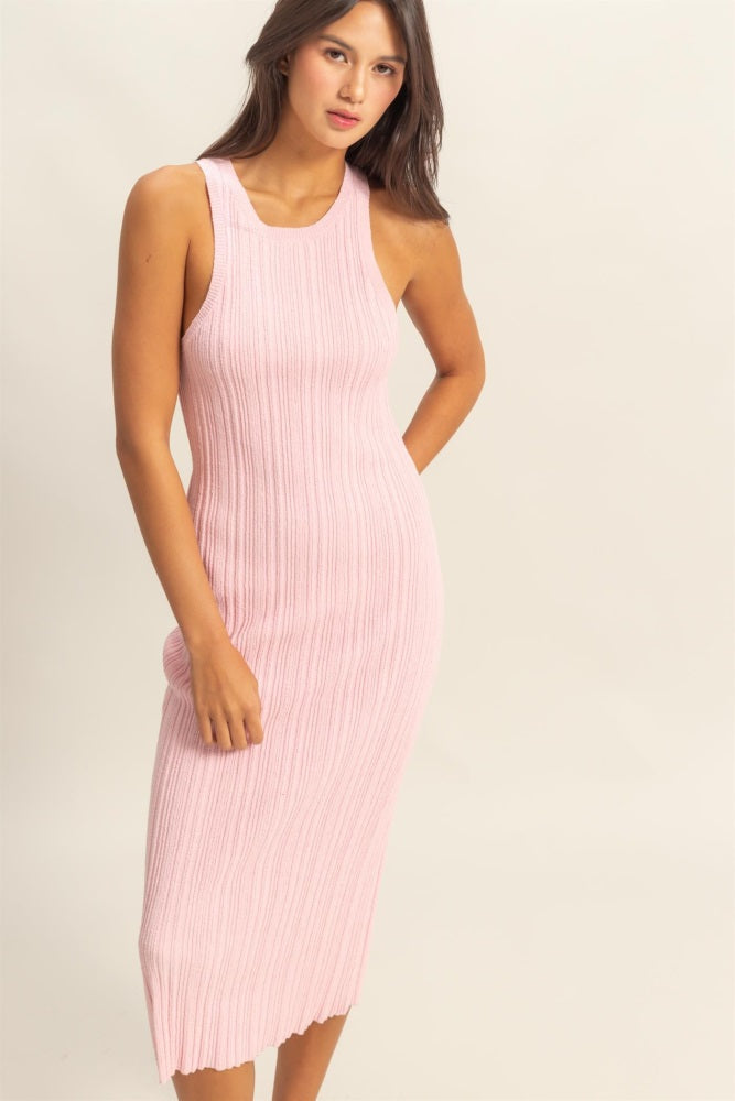 Light Pink Round Neck Bodycon Ribbed Knit Midi Dress