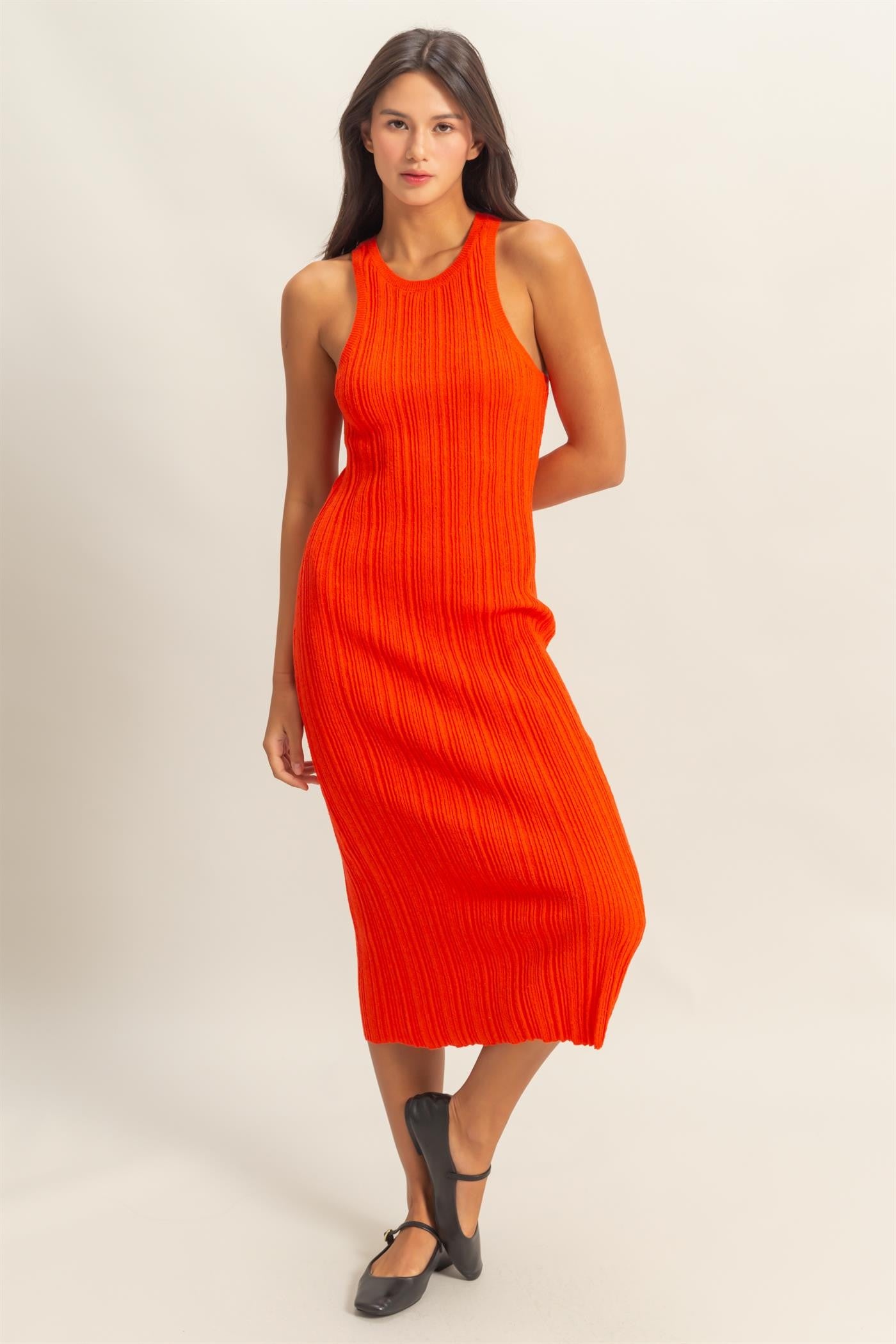 Orange Round Neck Bodycon Ribbed Knit Midi Dress