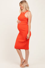 Orange Round Neck Bodycon Ribbed Knit Maternity Midi Dress