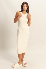 Ivory Round Neck Bodycon Ribbed Knit Maternity Midi Dress