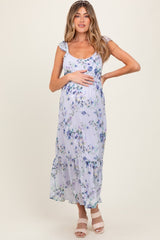 Lilac Floral Textured Open Back Tie Maternity Maxi Dress