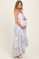 Light Blue Hi-Lo Spaghetti Strap Patchwork Ruffle Maternity Maxi Dress