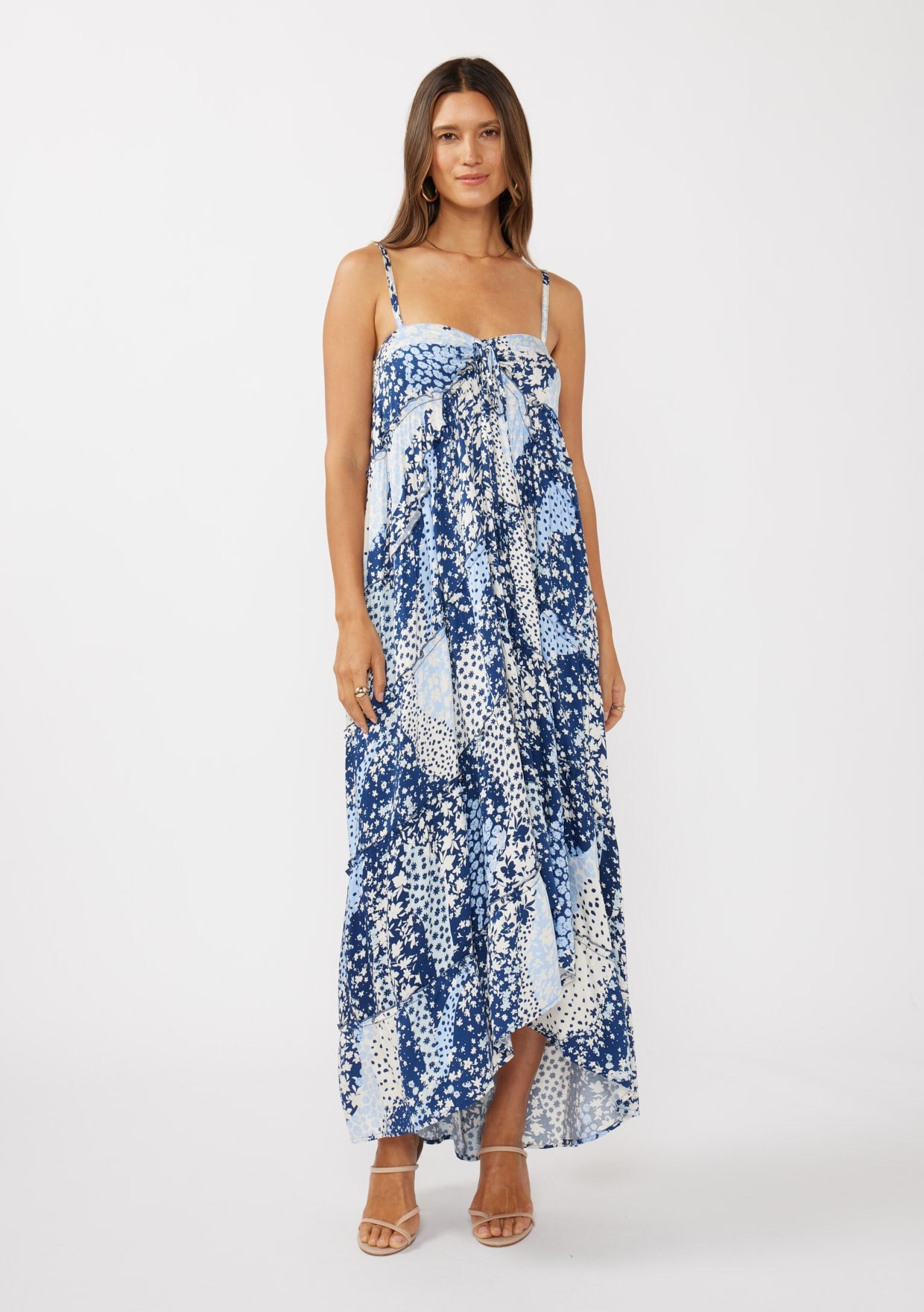 Navy Blue Floral Tiered Spaghetti Strap Maxi Dress