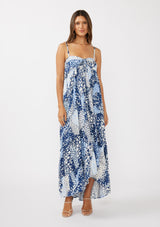 Navy Blue Floral Tiered Spaghetti Strap Maxi Dress