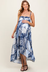 Navy Blue Floral Tiered Spaghetti Strap Maternity Maxi Dress