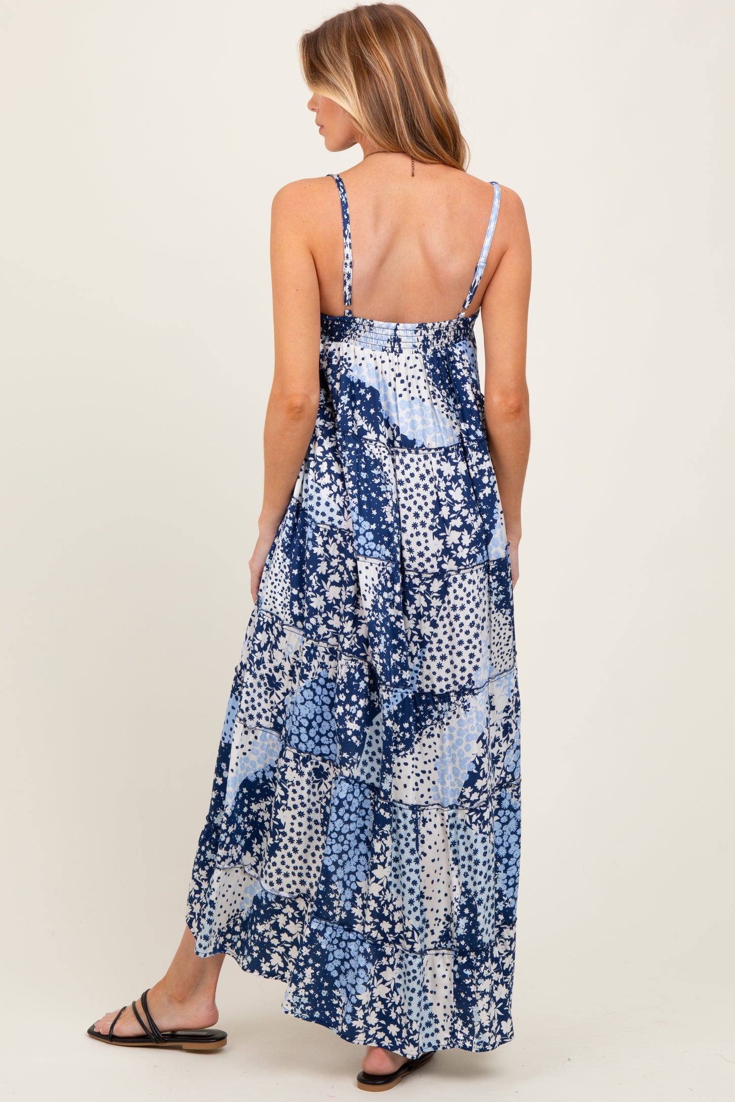 Navy Blue Floral Tiered Spaghetti Strap Maternity Maxi Dress