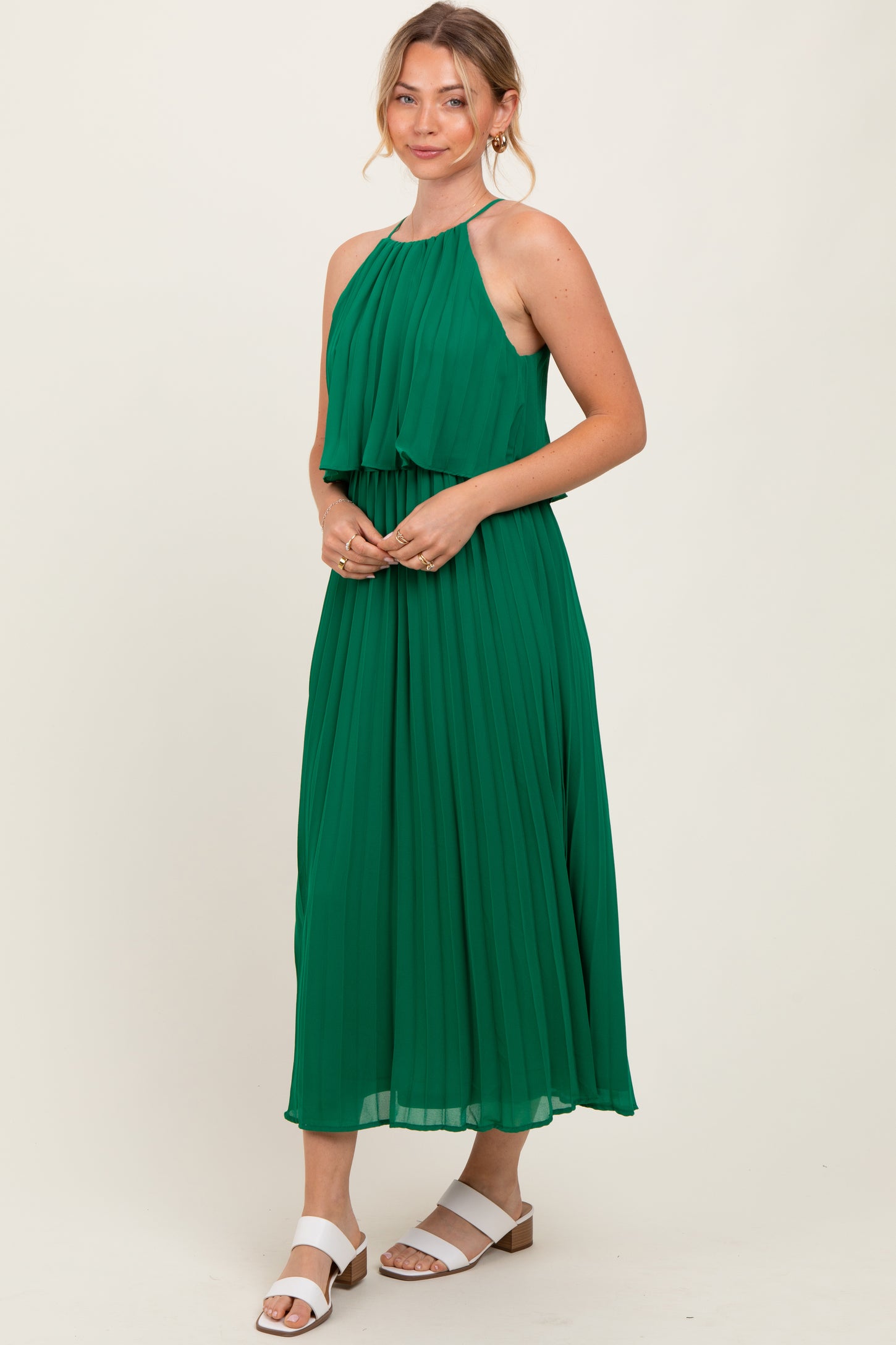 Green Pleated Woven Midi Dress
