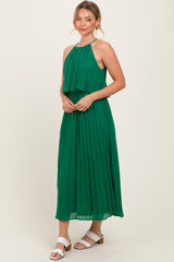 Green Pleated Woven Midi Dress