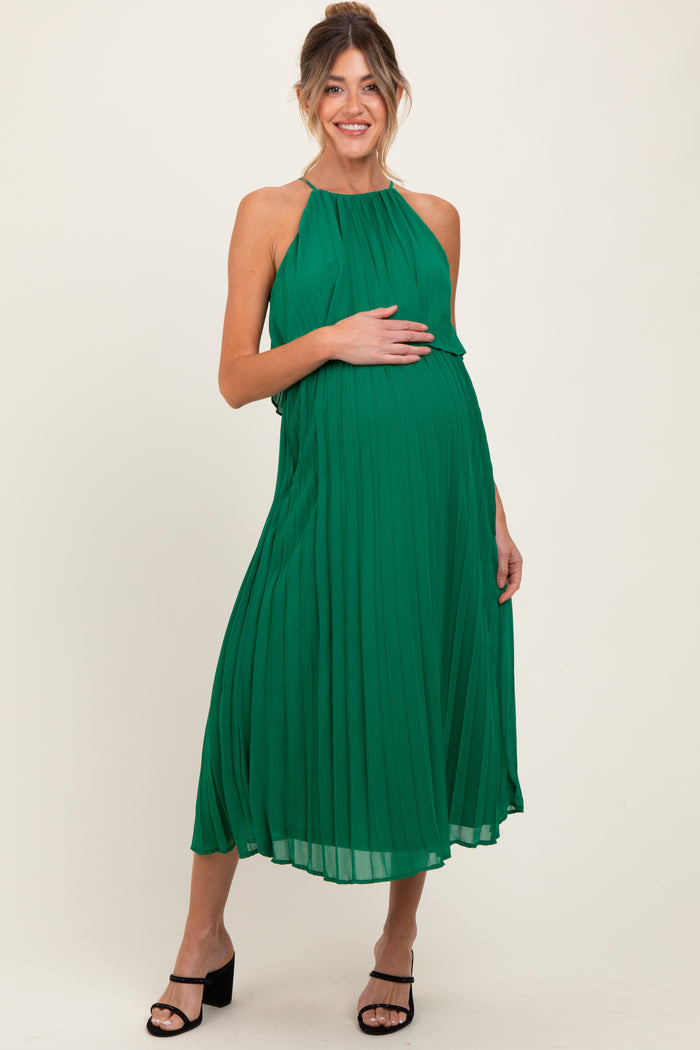 Green Pleated Woven Maternity Midi Dress